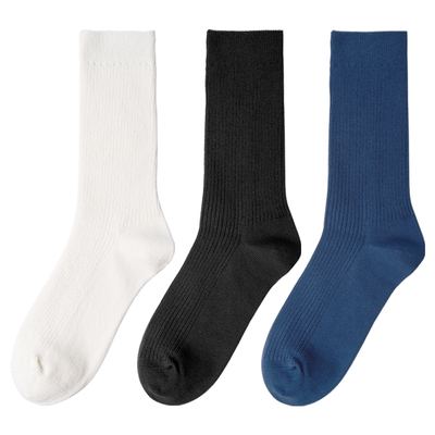 福瓦竖条纹无骨袜子男款纯棉 日系质感纯色长筒袜白色堆堆袜春秋