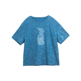 忘城A976座/无尽蓝/夏季新款棉氨纶宽松微弹圆领蓝色印花短袖T恤