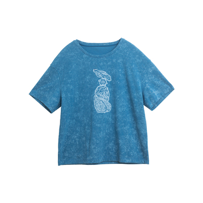 忘城A976座/无尽蓝/夏季新款棉氨纶宽松微弹圆领蓝色印花短袖T恤