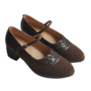 奈里设计民国条纹祥云咖啡棕一字带大码40旗袍粗跟单鞋复古奶奶鞋