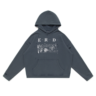 黑色圣诞树ERD 25SS忧郁的富二代战争角色破坏水洗做旧连帽卫衣