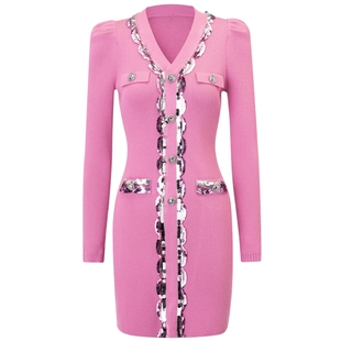 【奥莱】MAXRIENYKitty粉v领小香连衣裙裙子女