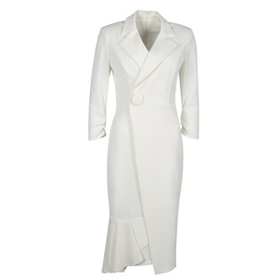 春季新款时尚职业西装裙小众设计女神范气质御姐风白色长袖连衣裙