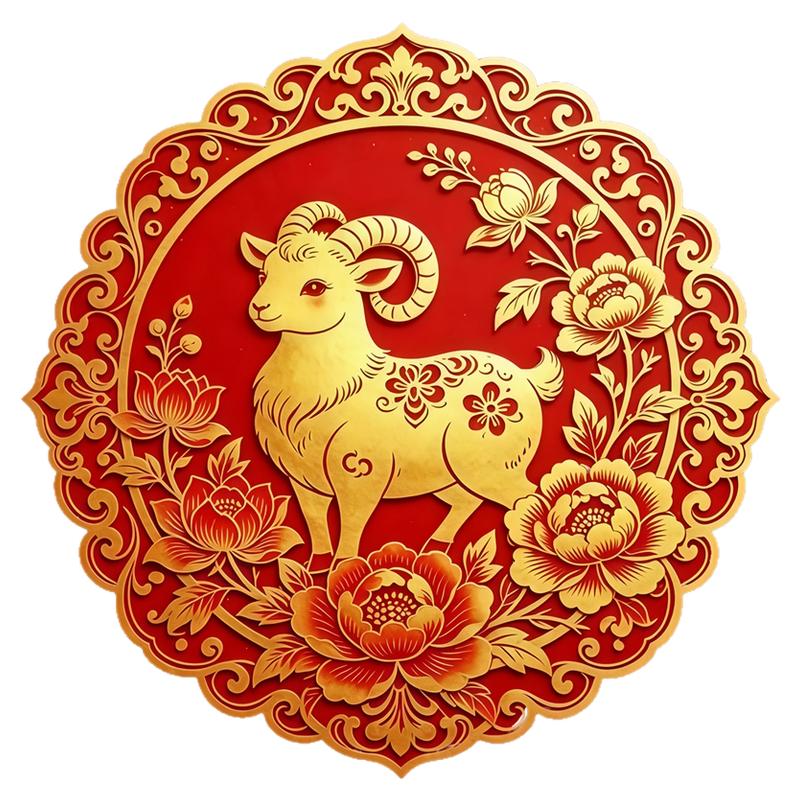 满身花纹瑞羊墙贴围簇牡丹莲花花边异形贴画好撕无残胶吉祥装饰贴