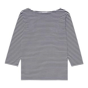 SUNSPEL女士早春Supima匹马棉船领蓝白条纹七分袖T恤