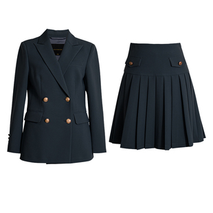 罗衣时尚深蓝色通勤套装2025秋季新款气质西装百褶裙两件套11045