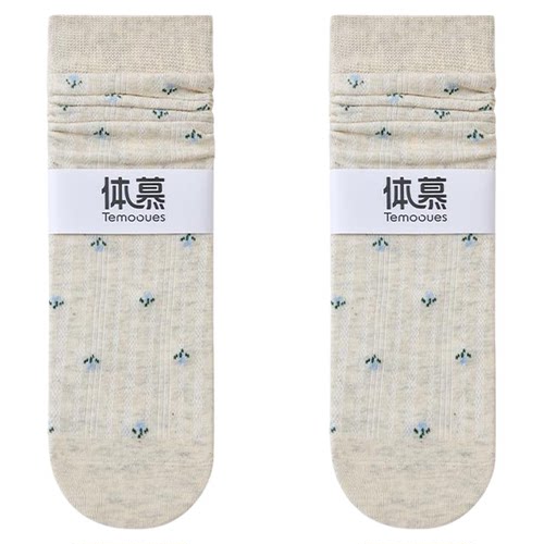 咖色袜子女款秋纯棉中筒袜复古碎花堆堆袜搭配勃肯鞋防臭女士长袜