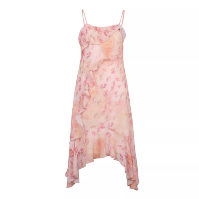 dorydory原创设计粉色晕染印花抹胸吊带连衣裙女不规则裙摆裙子