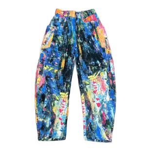 个性花色彩印泼墨牛仔裤男新款宽松直筒街头设计感潮流痞帅弯刀裤