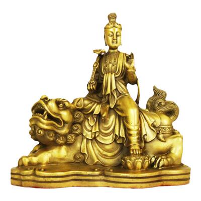 祥狮黄铜文殊普贤佛像风水摆件