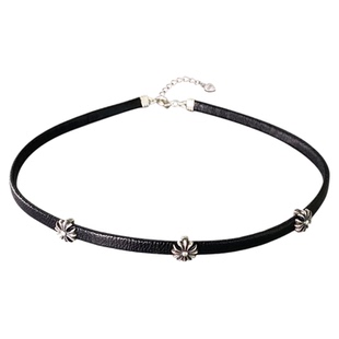 不掉色S925纯银十字架黑色皮绳项圈女choker颈链高级复古朋克颈链