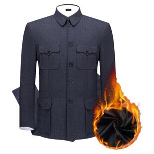中山装男加绒加厚中老年套装秋冬中山服老年人上衣外套爸爸装唐装