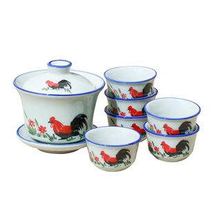 复古公鸡青花瓷功夫茶具套装潮汕陶瓷鸡公茶杯公鸡家用泡茶壶盖碗