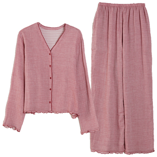 朵朵可可家居服睡衣女新款春秋款长袖双层纯棉纱布大码网红风套装