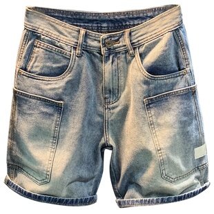 美式重磅水洗复古牛仔短裤五分裤男潮牌宽松加肥大码休闲男士中裤