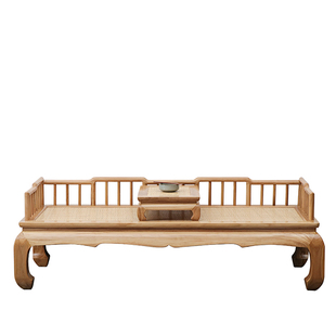 新中式老榆木罗汉床禅意原木藤席茶室双人沙发椅贵妃床榻实木家具