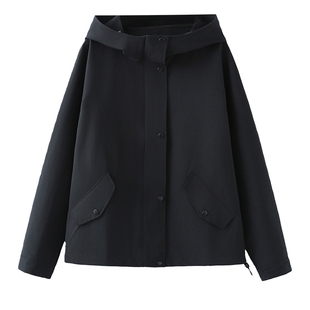 大码女士外套春款2026新款小个子胖妹妹韩版下摆抽绳宽松连帽上衣