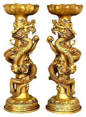 纯黄铜双龙烛台供奉佛台