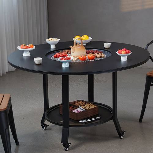 户外庭院烧烤桌花园休闲木碳炉电火锅餐桌别墅家用烧烤炉围炉煮茶