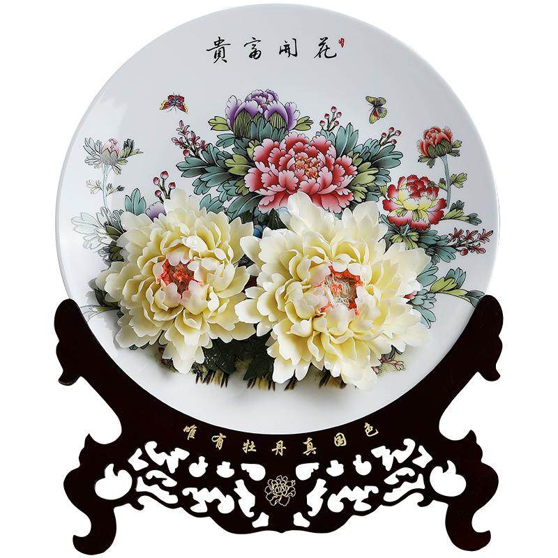新中式陶瓷纯手工花开富贵挂盘