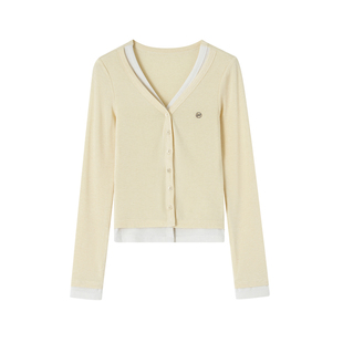 ACMEAURA浅黄色V领假两件上衣女秋季新款修身显瘦内搭开衫长袖t恤