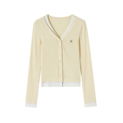 ACMEAURA浅黄色V领假两件上衣女秋季新款修身显瘦内搭开衫长袖t恤