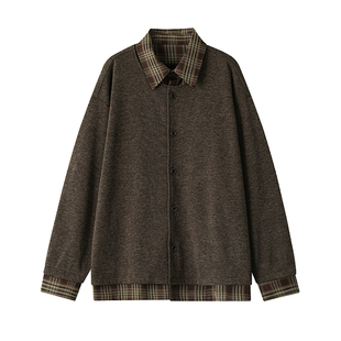 班尼路SK假两件格纹拼接针织开衫男2026新款慵懒风加厚毛衣外套YS