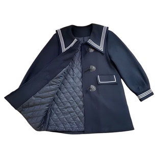 原创正版藏青色满襟线设计海军领牛角扣大衣秋冬季学院风毛呢外套