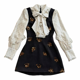 越韩小鱼 反转巴黎 小香风假两件亮片连衣裙收腰法式富家千金短裙