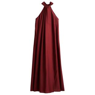 HM女装连衣裙冬季深红色露背长款礼服挂脖连身裙1294745