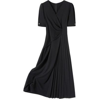 她池法式优雅气质V领高腰连衣裙