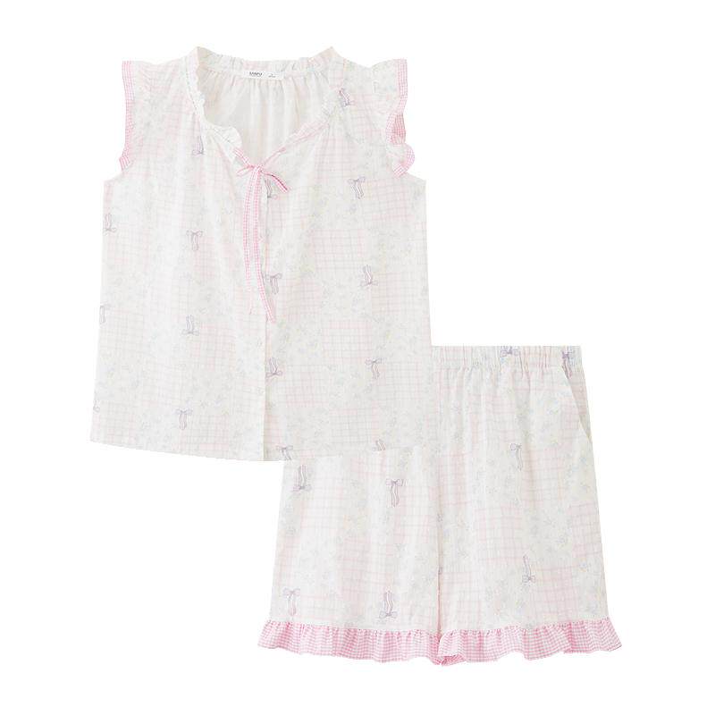 三福女夏季小飞袖系带睡衣套装 甜美田园风宽松家居服517816