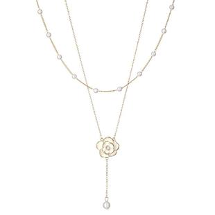 珍珠款山茶花吊坠双层叠戴项链配饰女轻奢小众高级感锁骨链甜酷夏