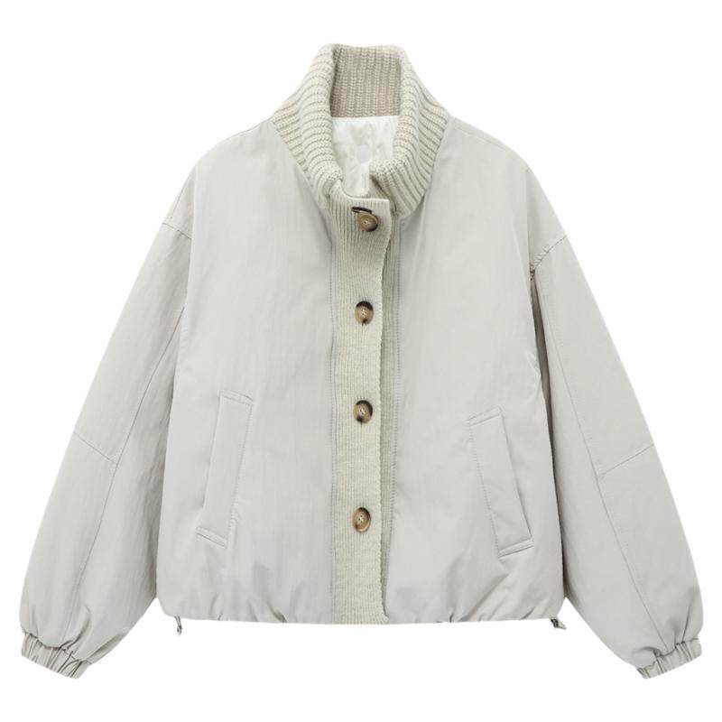 Basic House/百家好针织拼接立领短款白鸭绒羽绒服保暖米色外套女