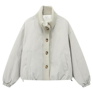 Basic House/百家好针织拼接立领短款白鸭绒羽绒服保暖米色外套女