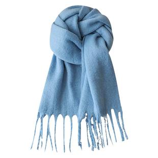 2024新款加大加厚围巾女冬季保暖高级感仿羊绒百搭雾霾蓝披肩纯色