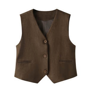 复古咖色V领西装马甲背心外套女2026秋季新款麂皮绒无袖短款上衣
