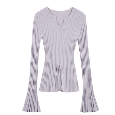 V领微喇袖针织衫下摆开衩