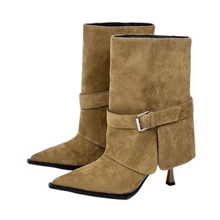 2026秋冬废土风尖头裤管靴女设计感皮带扣高跟短靴法式复古瘦瘦靴