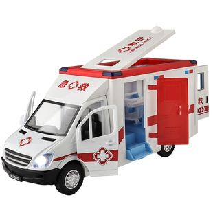 合金救护车模型声光回力六开门120医疗车急救担架车玩具车模摆件