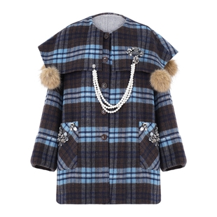 【年货狂欢季】4MILE BY KSMILE 格纹珠链披肩大衣双面毛球外套