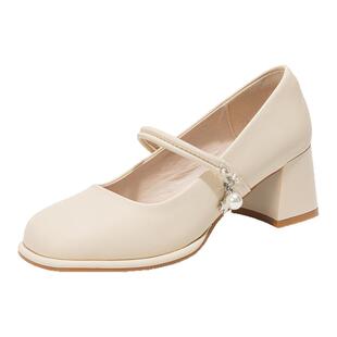 依思q玛丽珍中跟皮鞋法式配裙子高跟鞋女鞋白色粗跟绝美单鞋女秋