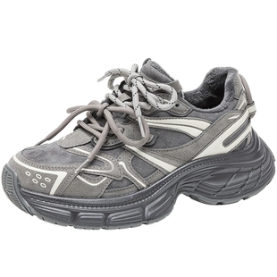 奥康 女鞋2025冬季老爹鞋加绒保暖潮流双鞋带厚底增高休闲运动鞋