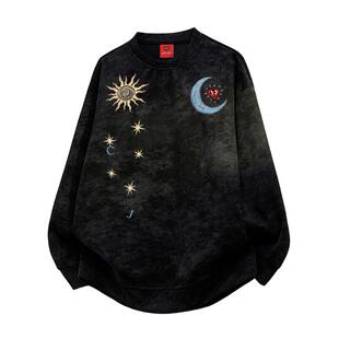 查尔斯桃心美式扎染日月印花卫衣男圆领冬季新款潮牌内搭情侣上衣