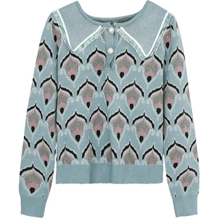 Oece复古设计感上衣春季新款女装温柔法式毛衣提花长袖针织衫