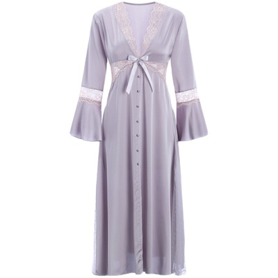 2024新款性感睡衣深V蕾丝蝴蝶结长裙到脚踝长款长袖气质睡裙秋冬