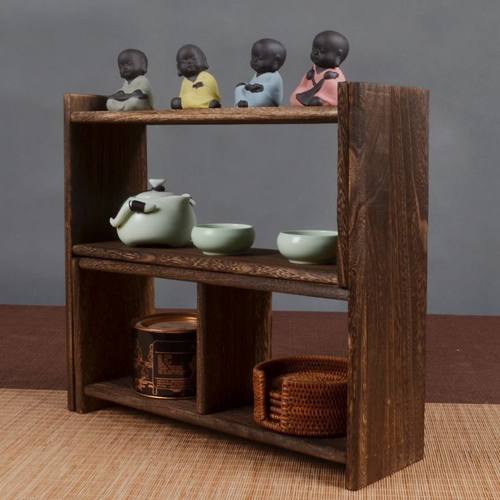 实木复古茶杯架茶具茶道客厅桌面中式架置物架书架简约收纳博古架
