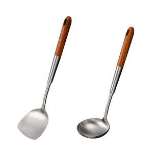 抗菌316不锈钢锅铲加长炒菜铁铲子厨房家用木柄304炒勺漏汤勺套装