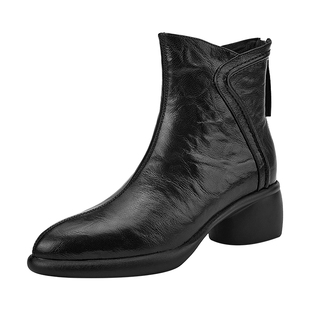 星期六明星同款英伦风短靴女复古粗跟羊皮中跟拉链尖头冬季马丁靴