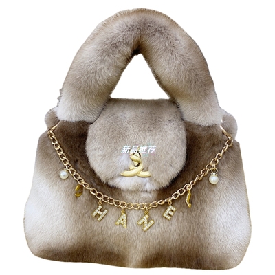 小香风凯莉包进口水貂毛手提包